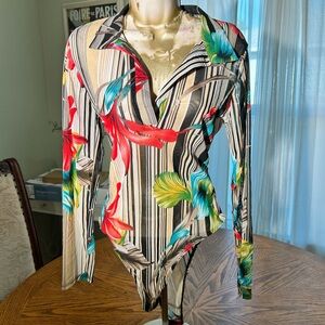 Striped Floral Long Sleeve Sheer Bodysuit
